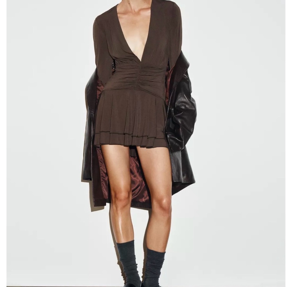 Zara Chocolate Brown V-Neck Dress/shorts under NWT